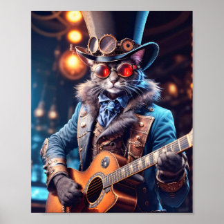 Blauwe kat in steampunk jurk die gitaar speelt in poster