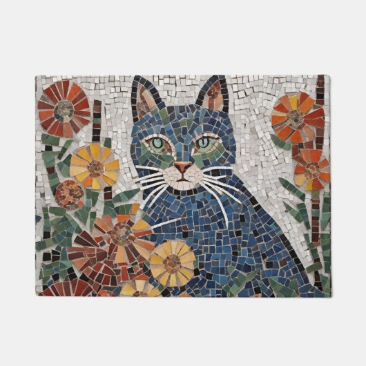 Blauwe kat met bloemen betegeld mozaïek deurmat (Voorkant)