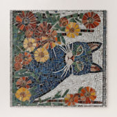 Blauwe kat met bloemen betegeld mozaïek legpuzzel (Horizontaal)