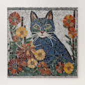 Blauwe kat met bloemen betegeld mozaïek legpuzzel (Verticaal)