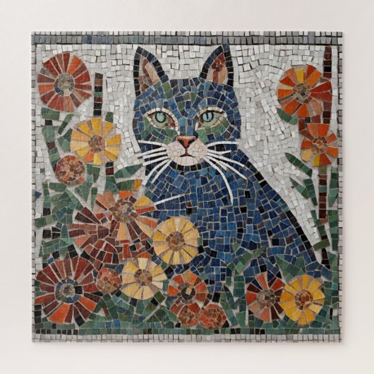 Blauwe kat met bloemen betegeld mozaïek legpuzzel (Verticaal)