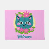  Blauwe Kat met Roze Bloemen Deur Mat (Voorkant)