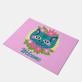  Blauwe Kat met Roze Bloemen Deur Mat (Schuin)