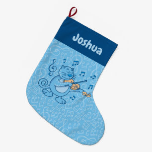 Blauwe kat met Violin Large Kerstmis Stocking Grote Kerstsok
