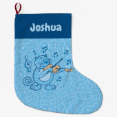 Blauwe kat met Violin Large Kerstmis Stocking Grote Kerstsok (Voorkant)