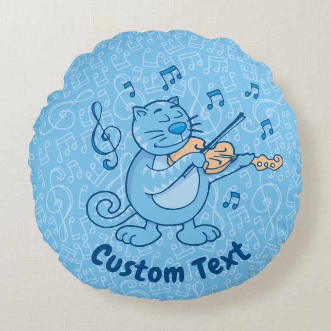Blauwe kat met Violin Round Pillow Rond Kussen (Voorkant)