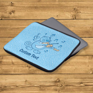 Blauwe kat met viool laptophoes laptop sleeve