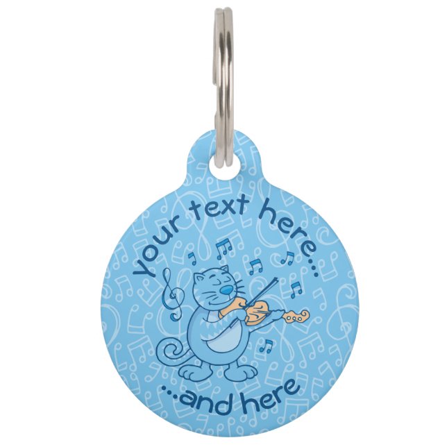 Blauwe Kat met Viool Naamplaatje Huisdierpenning (Voorkant)