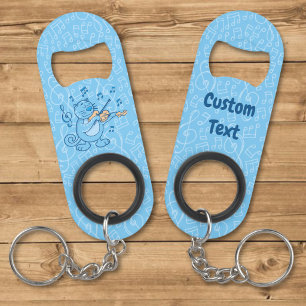 Blauwe kat met viool sleutelhanger flesopener mini flessenopener