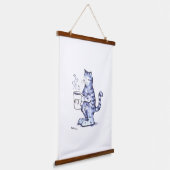 Blauwe kat met WTF-mok Hangend Wandkleed (Gebogen)