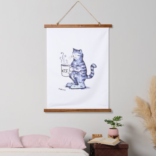 Blauwe kat met WTF-mok Hangend Wandkleed (Slaapkamer)