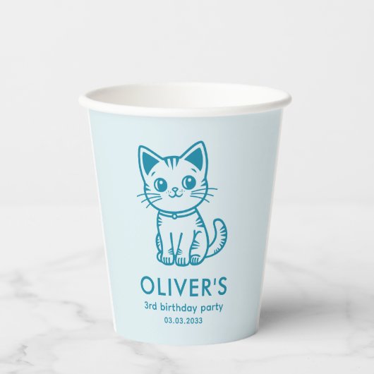 Blauwe kat verjaardagsfeestje met aangepaste kleur papieren bekers (Voorkant)