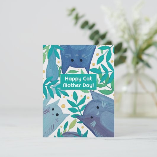 Blauwe katten en takken Happy cat moederdag Feestdagenkaart (Staand voorkant)