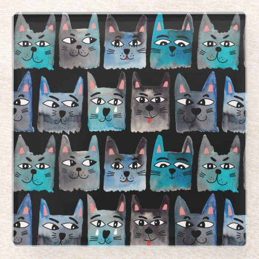 Blauwe katten glazen onderzetter (Voorkant)