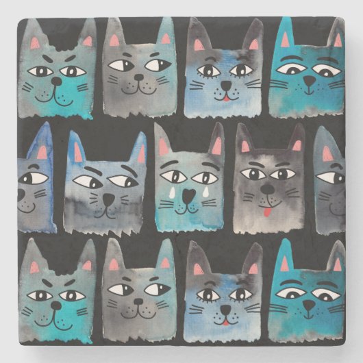 Blauwe katten stenen onderzetter (Voorkant)