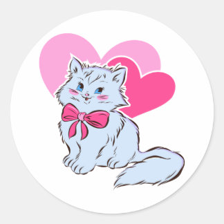 Blauwe Kawaii Kat Met Roze Strik & Harten Ronde Sticker