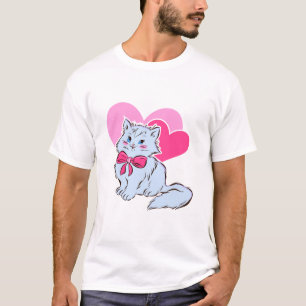 Blauwe Kawaii Kat Met Roze Strik & Harten T-shirt