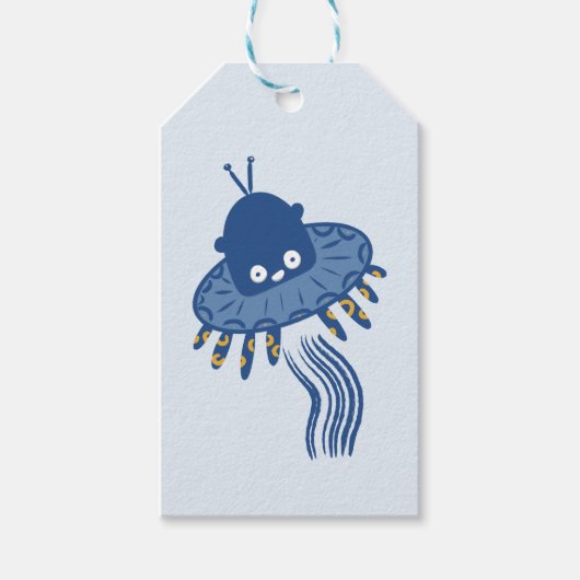 Blauwe Kawaii octopus ufo Cadeaulabel (Voorkant)