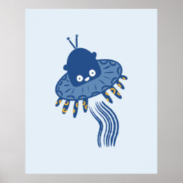 Blauwe Kawaii Octopus UFO Poster