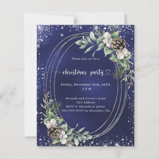 Blauwe kegeldennen glitter Kerstfeest uitnodiging (Voorkant)