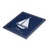 Blauwe keramische keramische tegel, witte zeilboot tegeltje (Zijkant)