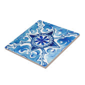 Blauwe keramische tegel met mediterrane handbeschi tegeltje (Zijkant)