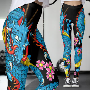 Blauwe Kersenbloesem Draak Tattoo in Zwart Leggings