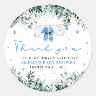 Blauwe Kerst Baby Kleertjeslijn Kerst Baby Shower Ronde Sticker