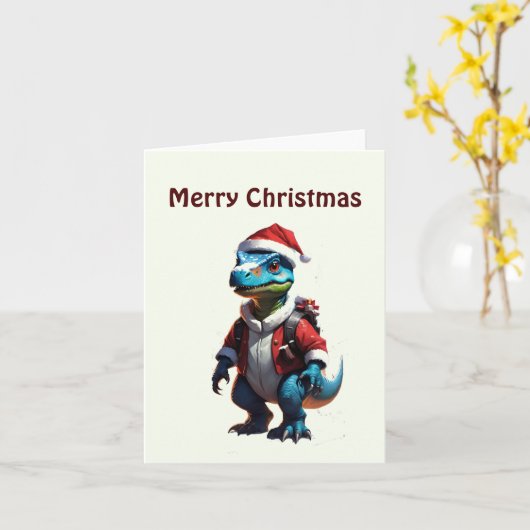 Blauwe kerst dinosaurus kaart (Gele Bloem)