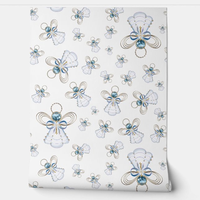 Blauwe Kerst Engel van Geloof Naadloos Patroon Behang (Afrollen)