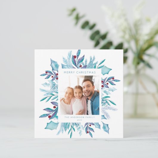 Blauwe kerst | Merry Waterverf Mistletoe Foto Feestdagenkaart (Staand voorkant)