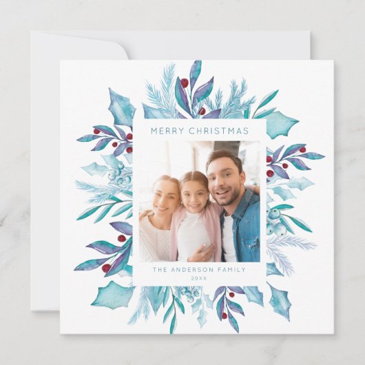 Blauwe kerst | Merry Waterverf Mistletoe Foto Feestdagenkaart (Voorkant)