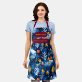 Blauwe kerst met paddenstoelen, bladeren en sneeuw schort (Gedragen)