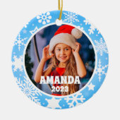 Blauwe kerst sneeuwvlokken gepersonaliseerde Kinde Keramisch Ornament (Voorkant)