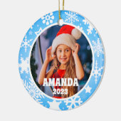 Blauwe kerst sneeuwvlokken gepersonaliseerde Kinde Keramisch Ornament (Links)