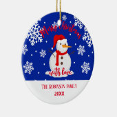 Blauwe kerst Snowman Snowflakes Keramisch Ornament (Rechts)