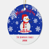 Blauwe kerst Snowman Snowflakes Keramisch Ornament (Links)