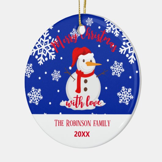 Blauwe kerst Snowman Snowflakes Keramisch Ornament (Links)