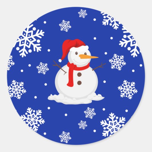Blauwe kerst Snowman Snowflakes Ronde Sticker (Voorkant)
