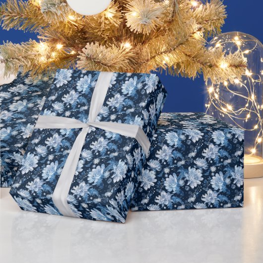 Blauwe Kerst Winter bloemen Cadeaupapier (Feestdagen)