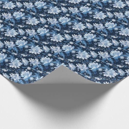 Blauwe Kerst Winter bloemen Cadeaupapier (Hoek)