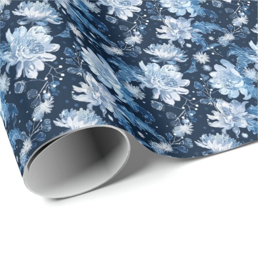 Blauwe Kerst Winter bloemen Cadeaupapier (Rol Hoek)