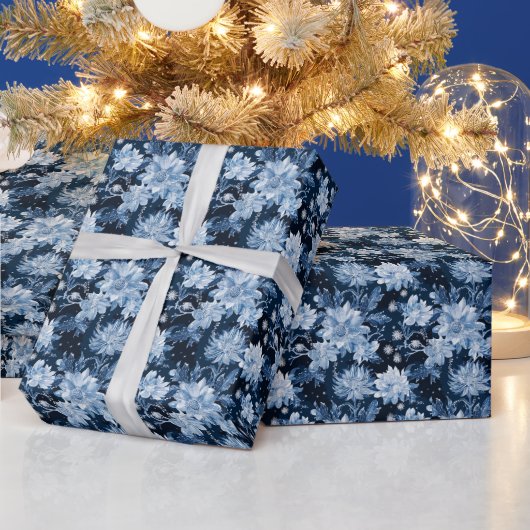 Blauwe Kerst Winter bloemen Cadeaupapier (Feestdagen)