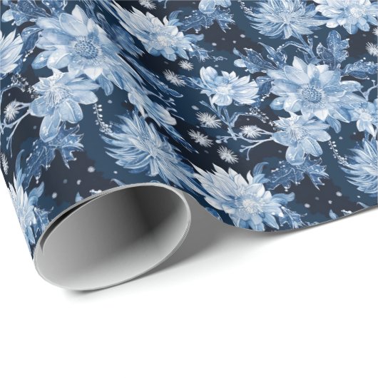 Blauwe Kerst Winter bloemen Cadeaupapier (Rol Hoek)