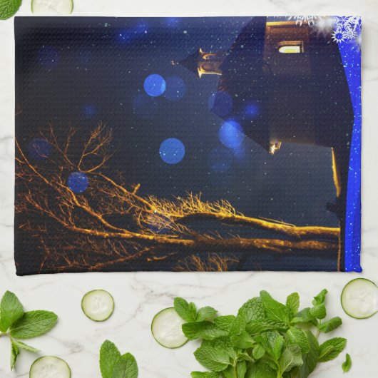 Blauwe Kerst witte boom feestdagen Theedoek (Gevouwen)