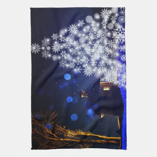 Blauwe Kerst witte boom feestdagen Theedoek (Verticaal)