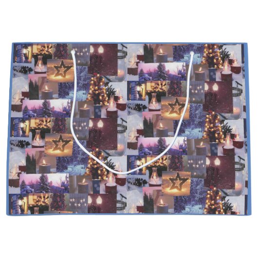 Blauwe Kerstavond Sneeuwscènes en Lichten Kaart Groot Cadeauzakje (Voorkant)