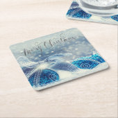 Blauwe kerstbal Bokeh Kartonnen Onderzetters (Schuin)