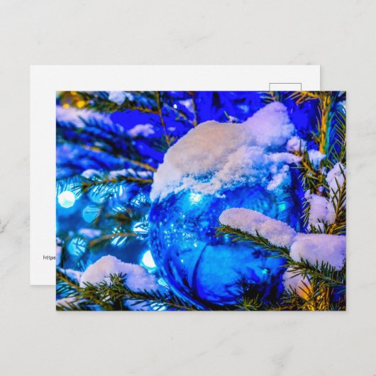 Blauwe kerstbal, sneeuw briefkaart (Voorkant / Achterkant)