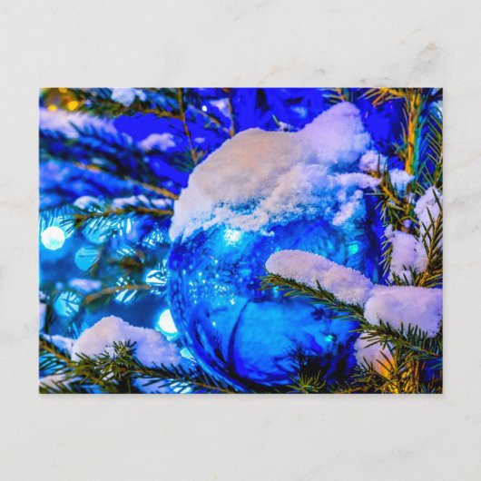 Blauwe kerstbal, sneeuw briefkaart (Voorkant)